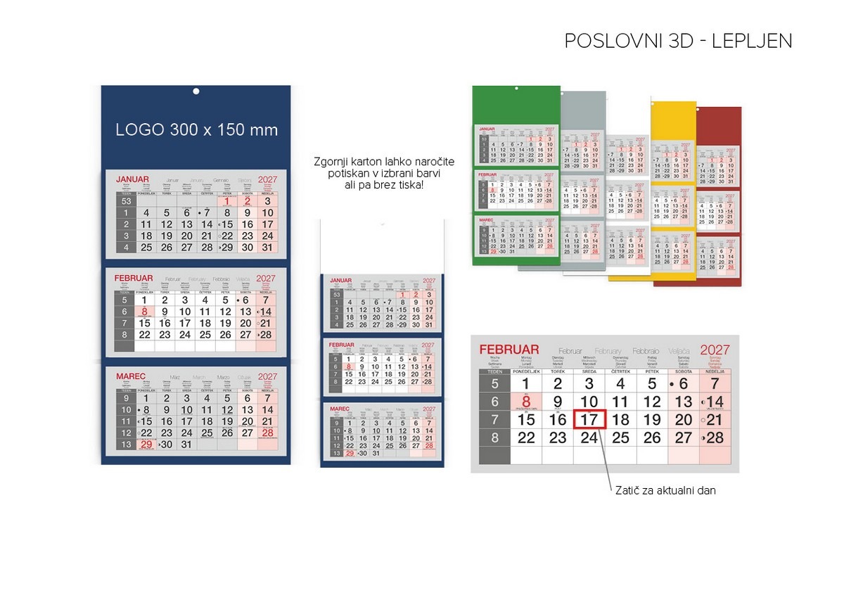 Koledar POSLOVNI 3-DELNI LEPLJEN BEL 2027 Koledar POSLOVNI 3-DELNI LEPLJEN BEL 2027